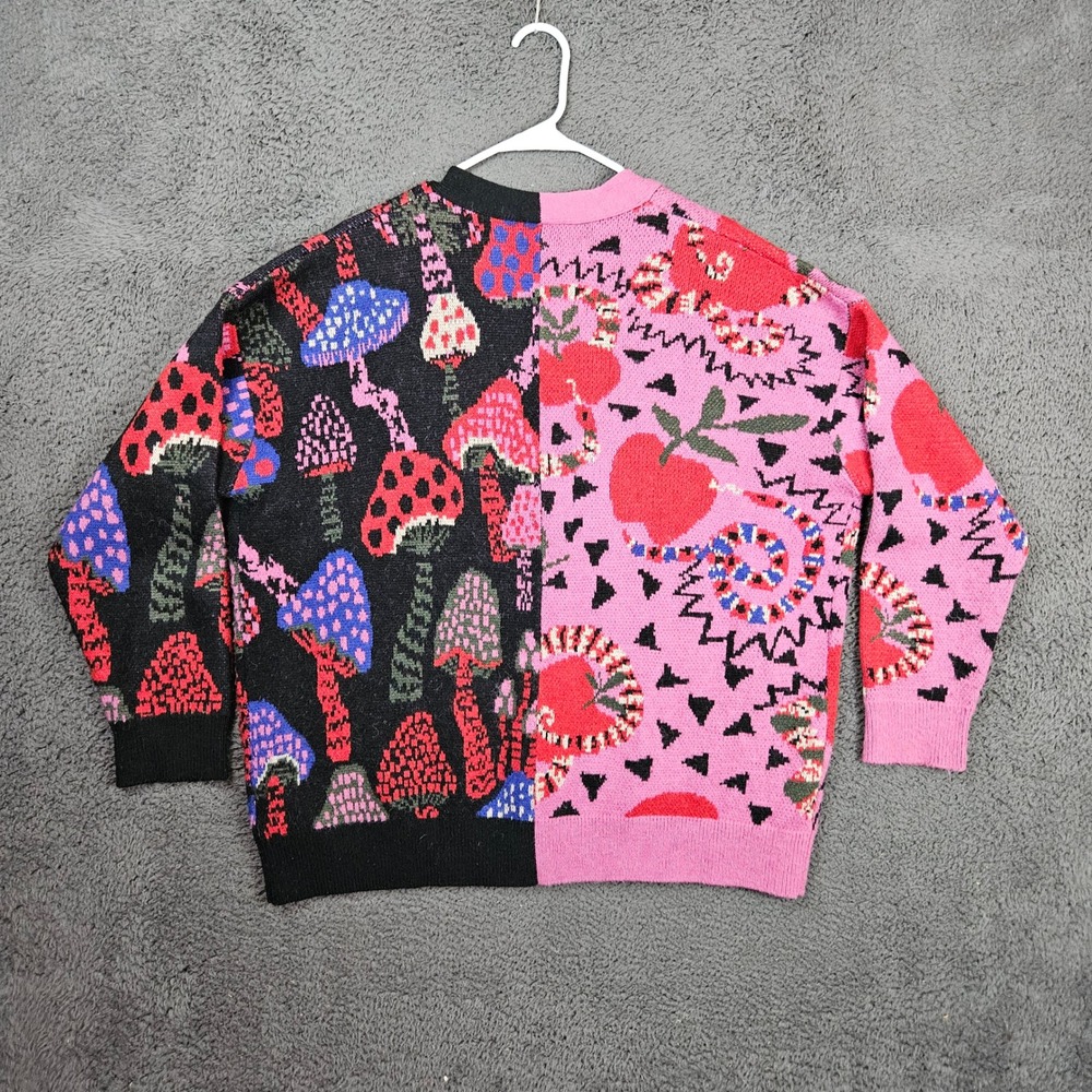 Farm Rio Mixed Print Mushroom Apple Snake Cardigan Sweater Pink Black Womens M - Picture 6 of 7